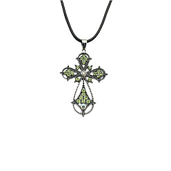Olivine Cross Zinc Alloy Pendant Necklace, with Rhinestone, Olivine, 19.69 inch(50cm)