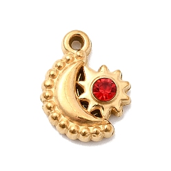 Светло-сиамский 304 подвески из нержавеющей стали со стразами, луна с солнечными чарами, ионное покрытие (ip), реальный 18 k позолоченный, Light Siam, 11.5x9.5x3.5 мм, отверстие : 1 мм