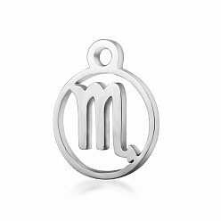 Scorpio 201 Stainless Steel Charms, Flat Round with Constellation, Stainless Steel Color, Scorpio, 13.4x10.8x1mm, Hole: 1.5mm