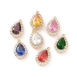 Mixed Color Brass Micro Pave Cubic Zirconia Pendants, Teardrop, Mixed Color, 19x12x7mm, Hole: 1.2mm