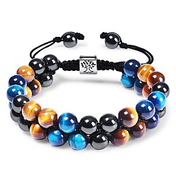 8MM Tiger Eye Stone Bracelet - 2 Natural Stone Double Layered Tiger Eye and Agate Bracelet with Tree of Life Charm for Men
