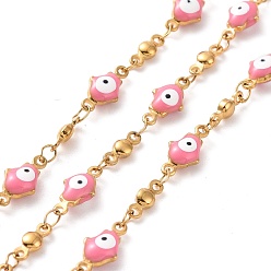 Hot Pink Enamel Hamsa Hand with Evil Eye Link Chains, with Ion Plating(IP) 304 Stainless Steel Findings, Golden, Unwelded, with Spool, Hot Pink, 11.5x5.5x3mm, 8x3x2mm