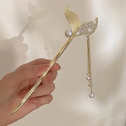 Golden half-moon hairpin with diamond-studded fishtail design Заколка-кисточка с хвостом русалки, жемчугом и стразами для прически ханьфу