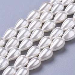 White Polished Shell Pearl Beads Strands, Teardrop, White, 8~9x6~7mm, Hole: 0.8mm, about 40pcs/strand, 15.7 inch(40cm)
