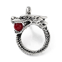 Antique Silver Tibetan Style Alloy Pendants, Dragon Charms with Red Resin Beads, Antique Silver, 37.5x28x20mm, Hole: 10x7mm