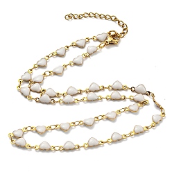 White Ion Plating(IP) Golden 304 Stainless Steel Heart Link Chain Necklaces, with Enamel, White, 17.72~17.91 inch(45~45.5cm)