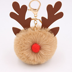 BurlyWood Christmas Deer Antler Pom-Pom Keychain with Plush Elk Charm for Women's Handbag Gift
