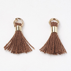Coconut Brown Polycotton(Polyester Cotton) Tassel Pendant Decorations, Mini Tassel, with Brass Findings, Light Gold, Coconut Brown, 10~15x3~4mm, Hole: 2mm