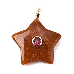 Красный Авантюрин Натуральный красный авантюрин подвески, Подвески в виде звезд с латунными фианитами в оправе из кубического циркония, золотые, 35.5~37x29.5~31.5x8.5~10.5 мм, отверстие : 4 мм