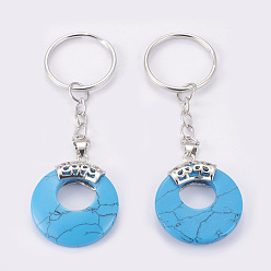 Synthetic Turquoise Synthetic Turquoise Keychain, with Platinum Plated Iron Key Rings and Brass Findings, Flat Round, 84mm