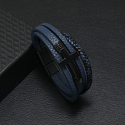 Steel Blue Leather Multi-strand Bracelet with Alloy Magnetic Clasp, Steel Blue, 8-1/4~8-5/8 inch(21~22cm)