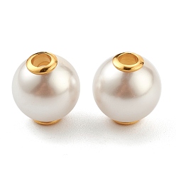 White Plastic Imitation Pearl Beads, with Golden Plated 304 Stainless Steel Cores, Round, White, 12x13mm, Hole: 3.5mm