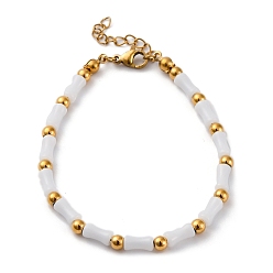 Белый 304 браслеты из нержавеющей стали с бусинами для женщин, колонка, со стеклянными и стальными бусинами, белые, 7 дюйм (17.9 см)