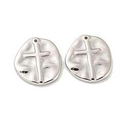 Stainless Steel Color 304 Stainless Steel Pendants, Irregular Flat Round with Cross Charm, Stainless Steel Color, 19.5x18x3mm, Hole: 1mm