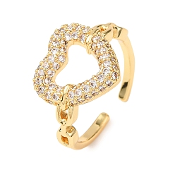 Прозрачный Открытые кольца манжеты из латуни с микропаве и кубическим цирконием, сердце, стойки покрытие, долговечный, без свинца и без кадмия, реальный 18 k позолоченный, прозрачные, 17 мм