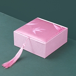 Бледно-Розовый Коробка из парчи и атласа в китайском стиле из бамбуковых листьев, Для браслетов, серьга, квадратный, розовый жемчуг, 10x10x4 см