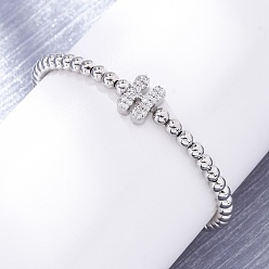 Letter H Латунные круглые бусины эластичные браслеты, Подвеска в виде буквы из латуни с микропаве из прозрачного кубического циркония для женщин, без свинца и без кадмия, стойки покрытие, платина, Письмо ч, внутренний диаметр: 2~2-1/8 дюйм (5~5.5 см)