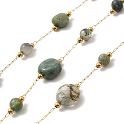 Indian Agate Ion Plating(IP) Real 18K Gold Plated 316 Surgical Stainless Steel Link Chains, with Natural Indian Agate Beads, Soldered, with Spool, 12~17x4~6x4~6mm, Bead: 4~8.5x4~6x4~6mm