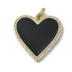 Black Rack Plating Real 18K Gold Plated Brass Micro Pave Cubic Zirconia Pendants, with Enamel, Long-Lasting Plated, Lead Free & Cadmium Free, Heart, Black, 31x30.5x2.5mm, Hole: 4.5x3mm