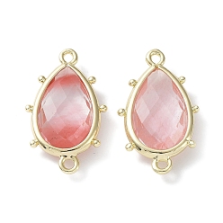 Cherry Quartz Glass Cherry Quartz Glass Connector Charms, with Golden Plated Brass Edge Loops, Faceted, Teardrop, 24x14.5x5mm, Hole: 1.2mm & 1.4mm