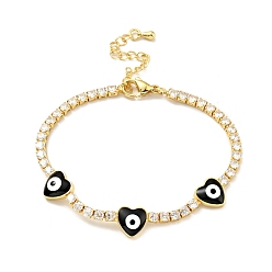 Black Heart with Evil Eye Enamel Link Bracelet with Clear Cubic Zirconia Tennis Chains, Gold Plated Brass Jewelry for Women, Cadmium Free & Lead Free, Black, 7-1/8 inch(18cm)