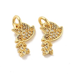 Golden Pigeon with Leaf Brass Micro Pave Clear Cubic Zirconia Charms, with Jump Rings, Cadmium Free & Lead Free, Golden, 13.5x7.5x1.5mm, Hole: 3mm