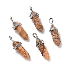 Picture Jasper Natural Picture Jasper Pendants, Faceted, with Platinum Tone Brass Findings, Lead free & Cadmium Free, Bullet, 27~30x9~10x7~8mm, Hole: 4x3mm