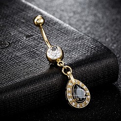 Black Piercing Jewelry, Brass Cubic Zirconia Navel Ring, Belly Rings, with 304 Stainless Steel Bar, Cadmium Free & Lead Free, teardrop, Real 18K Gold Plated, Black, 47x10mm, Bar: 15 Gauge(1.5mm), Bar Length: 3/8"(10mm)