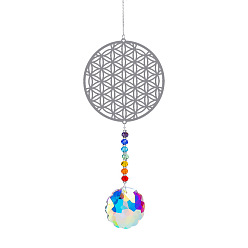 Colorful Metal Big Pendant Decorations, Hanging Sun Catchers, Chakra Theme K9 Crystal Glass, Flat Round with Flower of Life, Colorful, 41cm