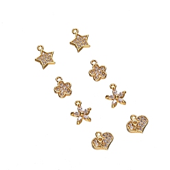 Real 18K Gold Plated Brass Micro Pave Clear Cubic Zirconia Charms, Mixed Shapes, Real 18K Gold Plated, 8pcs/box