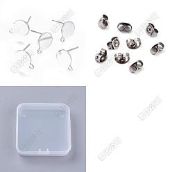 Stainless Steel Color 100Pcs Flat Round Shape 304 Stainless Steel Stud Earring Findings, with Loops and 100Pcs Ear Nuts, Stainless Steel Color, 10.5~12x8mm, Hole: 1.2mm, Pin: 0.7mm