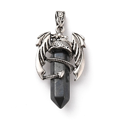 Black Stone Natural Black Stone Pointed Pendants, Faceted Bullet Charms, with Rack Plating Platinum Tone Alloy Dragon Findings, Cadmium Free & Lead Free, 39~41x24~25x13~14mm, Hole: 4x8mm