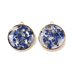 Синий 304 подвески из нержавеющей стали, плоский круг с эпоксидной смолой и натуральным лазуритом, вакуумное покрытие pvd, реальный 18 k позолоченный, синие, 22x20x5~5.5 мм, отверстие : 1.6 мм