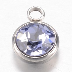 Lilac 304 Stainless Steel Glass Rhinestone Charms, Faceted, Flat Round, Lilac, 14x10x7mm, Hole: 2.5mm