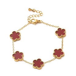 Dark Red Resin Flower Link Chain Bracelet, Golden 304 Stainless Steel Bracelet, Dark Red, 6-1/4 inch(16cm)