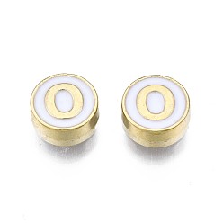 Letter O Alloy Enamel Beads, Cadmium Free & Lead Free, Light Gold, Flat Round with Alphabet, White, Letter.O, 8x4mm, Hole: 1.5mm