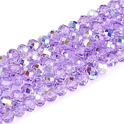Plum Transparent Glass Beads Strands, Rondelle, Half Plated, AB Color Plated, Faceted, Plum, 3.5~4x3mm, Hole: 0.8mm, about 113~114pcs/strand, 12.99~13.19 inch(33~33.5cm)