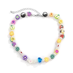 Colorful Handmade Lampwork Fruit & Imitation Pearl & Acrylic Mushroom Beaded Necklace for Women, Colorful, 13.78 inch(35cm)