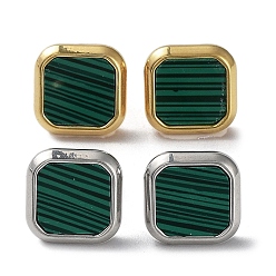 Golden & Stainless Steel Color 6 Pair 2 Color Square Synthetic Malachite Stud Earrings, 304 Stainless Steel Earrings, Golden & Stainless Steel Color, 12x12mm, 3 Pair/color