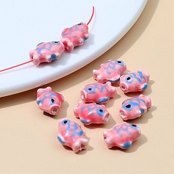 Light Coral Pearlized Handmade Porcelain Beads, Fish, Light Coral, 15x12mm, Hole: 2mm