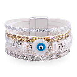 SZ00214-4 Bohemian Vacation Style Multi-layer Woven Demon Eye Pearl Leather Bracelet - European and American Fashion, Retro, Personalized Hand Ornament.
