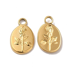 Real 18K Gold Plated Ion Plating(IP) 304 Stainless Steel Pendants, Oval with Flower Charm, Real 18K Gold Plated, 17x11x2mm, Hole: 3mm