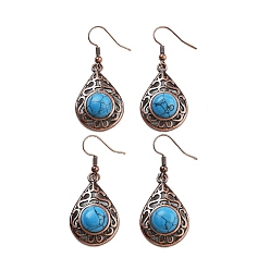 Синтетическая Бирюза Серьги-подвески с синтетической бирюзой, женские полые латунные серьги с красной медью, 46.5x19.5 мм