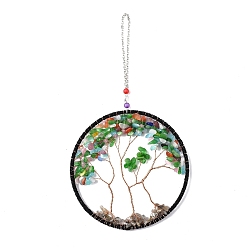 Mixed Stone Wire Wrapped Chips Natural Gemstone Big Pendant Decorations, with Iron Chains and Imitation Leather Rope, Flat Round with Tree of Life, 295mm
