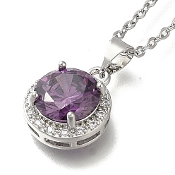 Фиолетовый 304 из нержавеющей стали кабель цепи ожерелья, латунные прозрачные кубические цирконии плоские круглые подвески ожерелья, платины и нержавеющая сталь цвет, фиолетовые, 17.91 дюйм (45.5 см)