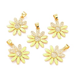 Yellow Real 18K Gold Plated Brass Micro Pave Cubic Zirconia Pendants, with Enamel, Long-Lasting Plated, Flower, Yellow, 22.5x19.5x3.5mm, Hole: 3.5x4mm