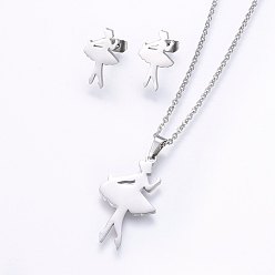 Stainless Steel Color 304 Stainless Steel Jewelry Sets, Stud Earrings and Pendant Necklaces, Dancer, Stainless Steel Color, Necklace: 17.7 inch(45cm), Stud Earrings: 16x10x1.2mm, Pin: 0.8mm