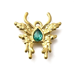Изумруд 304 подвески из нержавеющей стали, со стразами, реальный 18 k позолоченный, ионное покрытие (ip), бабочка, изумруд, 24x23x4 мм, отверстие : 2 мм