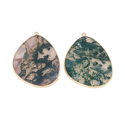 Moss Agate Natural Moss Agate Pendants, with Brass Findings, Golden, 42x30.5x1.5~2mm, Hole: 1.6mm