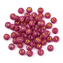 Cerise Plating Acrylic Beads, Golden Metal Enlaced, Horizontal Hole, Flat Round with Letter, Cerise, 6.5~7x3.5~4mm, Hole: 1.6mm, about 3600g/500g